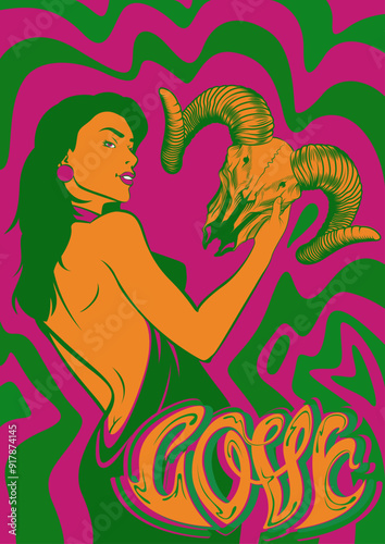 1960s Style Psychedelic Poster, Sexy Beauty with Ram Skull, Hippie Girl, Long Dress. Psychedelic Acid Color Background
