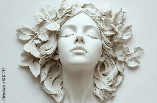 White wall hanging, beautiful woman's head sculpture made of plaster material with leaves on her hair and white background.  photo