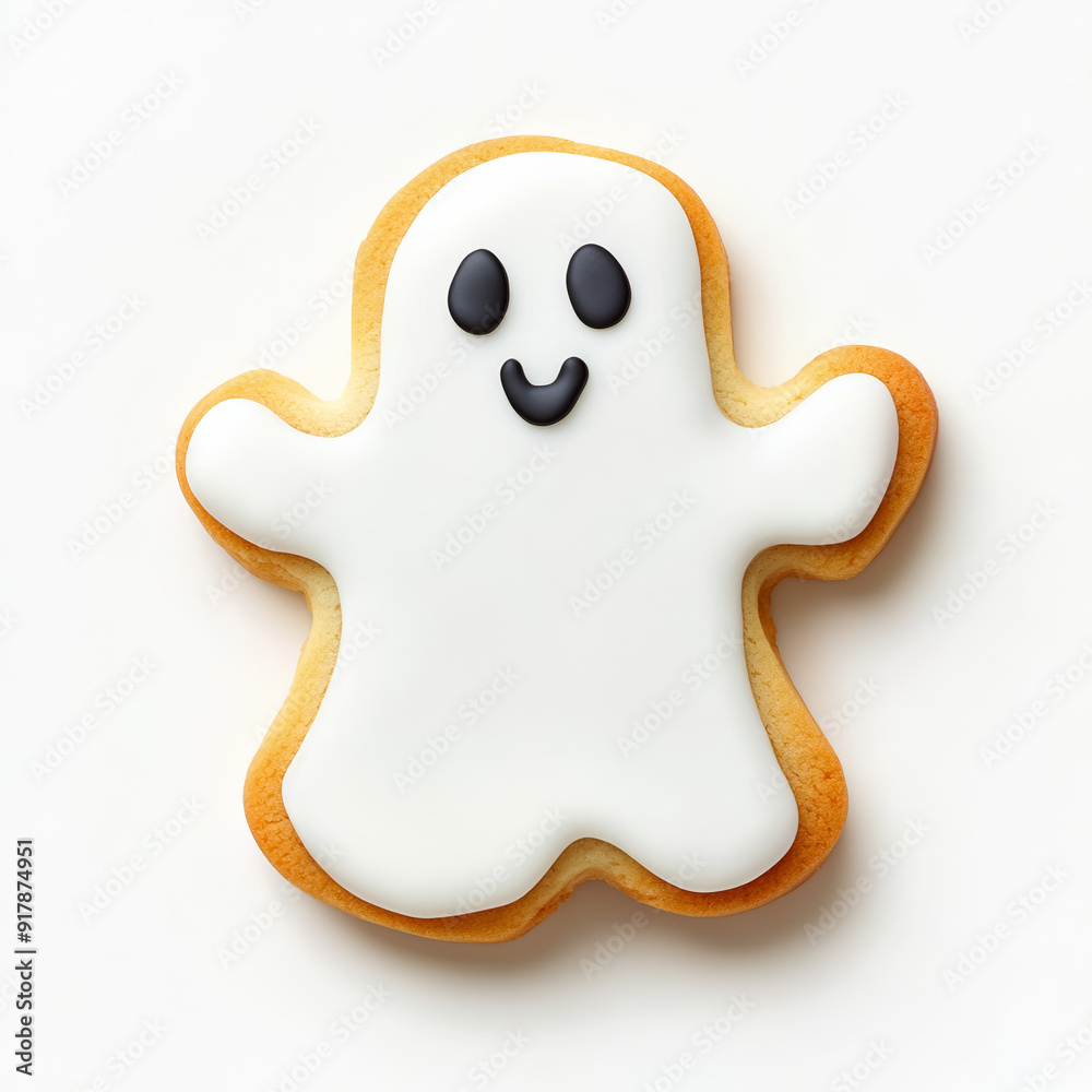 Halloween ghost-shaped sugar cookie with white icing, isolated on white background, top view Halloween ghost-shaped sugar cookie with white icing, isolated on white background, top view