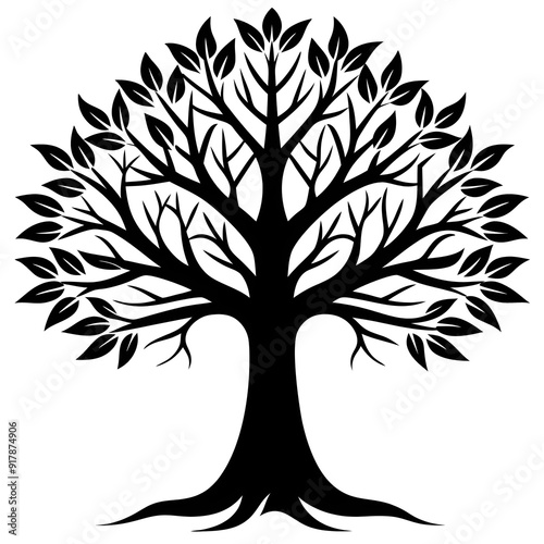 Tree Silhouette, Black and White, Vector Illustration, Nature Art, Environmental Design