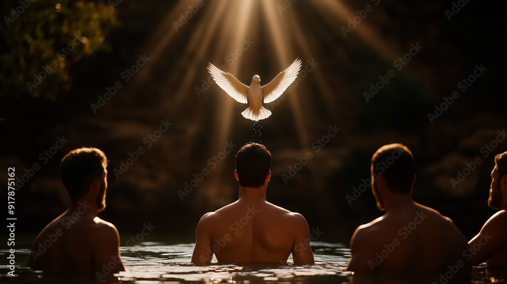 Jesus' baptism in the Jordan River by John the Baptist, with the Holy ...