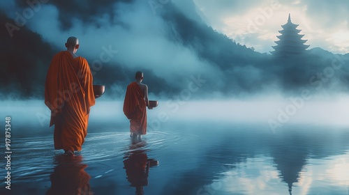 Monks holding bowl walking in water. Buddhism concept.