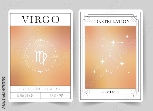 Virgo. Witchcraft cards with astrology zodiac sign and constellation. Modern gradient blurred astrology posters in Y2k style. Perfect for tarot readers and astrologers. Vector illustration.