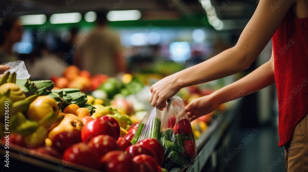 Obraz premium a woman with a reusable shopping bag filling it with colorful fruits