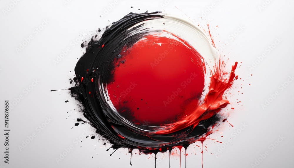 Fototapeta premium Dynamic Expressions: Red and Black Ink Circles on White Background