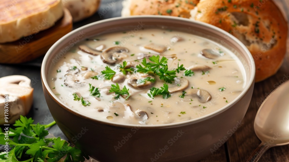 Creamy mushroom soup with fresh parsley and crusty bread roll realistic food photography Creamy mushroom soup with fresh parsley and crusty bread roll realistic food photography