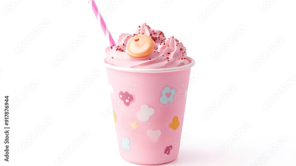 Cute anime-themed drink with a decorative cup and straw, isolated on a clean white background