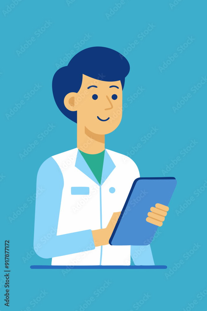 Medical professionals review patient information on a digital tablet, flat vector illustration Medical professionals review patient information on a digital tablet, flat vector illustration