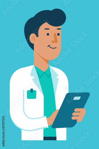 Medical professionals review patient information on a digital tablet, flat vector illustration