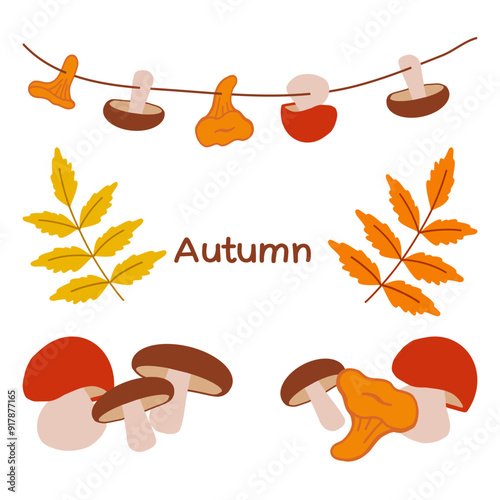 Colorful autumn mushrooms and leaves displayed on a string against a white background