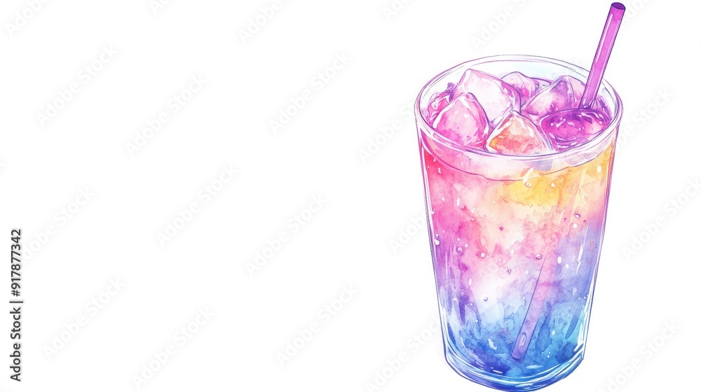 Vibrant anime-inspired drink with a straw and ice cubes, in a cute cup, isolated on a clean white background Vibrant anime-inspired drink with a straw and ice cubes, in a cute cup, isolated on a clean white background