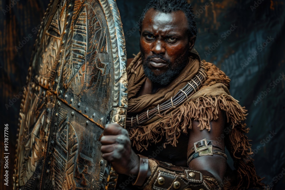 Fototapeta premium A fierce Zulu warrior stands proud with a beautifully crafted shield, showcasing strength and heritage in a vibrant setting.