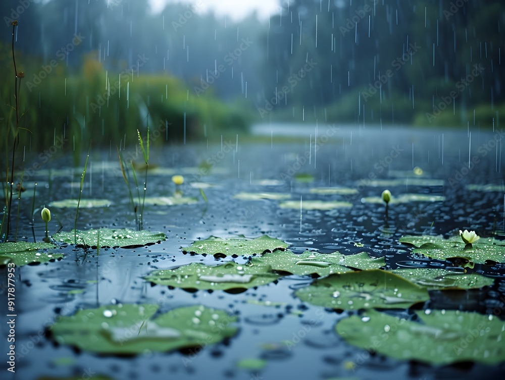 Serene Rain Drenched Pond with Lush Lily Pads and Reeds Natural Peaceful Landscape Scene Serene Rain Drenched Pond with Lush Lily Pads and Reeds Natural Peaceful Landscape Scene