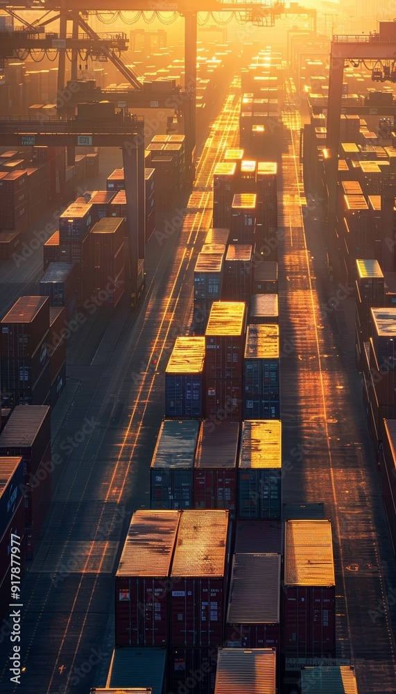 Sunset at busy port high containers, long shadows, wide angle shot emphasizes scale and textures Sunset at busy port high containers, long shadows, wide angle shot emphasizes scale and textures