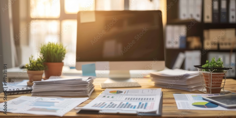 Fototapeta premium A desktop with policy documents and manuals arranged in neat piles, demonstrating the meticulous organization required for effective business policy management
