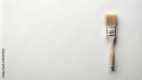 A solitary white-bristled paintbrush rests on a clean, bright white background, waiting for the artist's stroke, against a pristine and minimalist creative canvas.