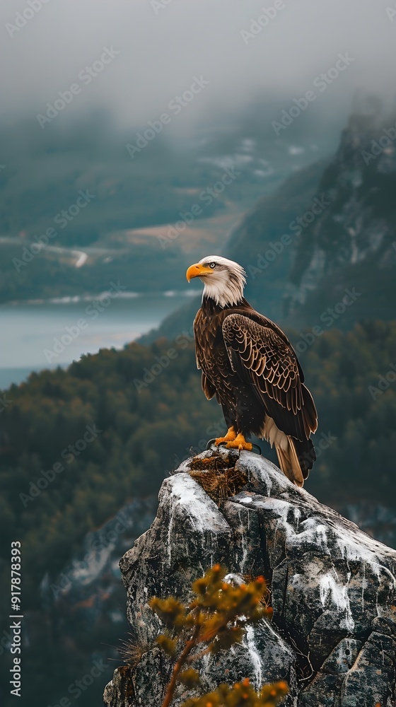 Fototapeta premium Majestic eagle perched on a cliff overlooking a vast landscape