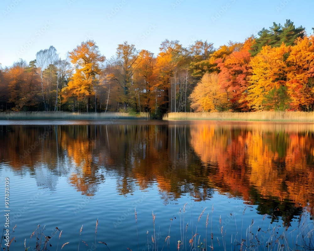 Serene Autumn Lakeside with Vibrant Foliage Reflections in Calm Waters Serene Autumn Lakeside with Vibrant Foliage Reflections in Calm Waters