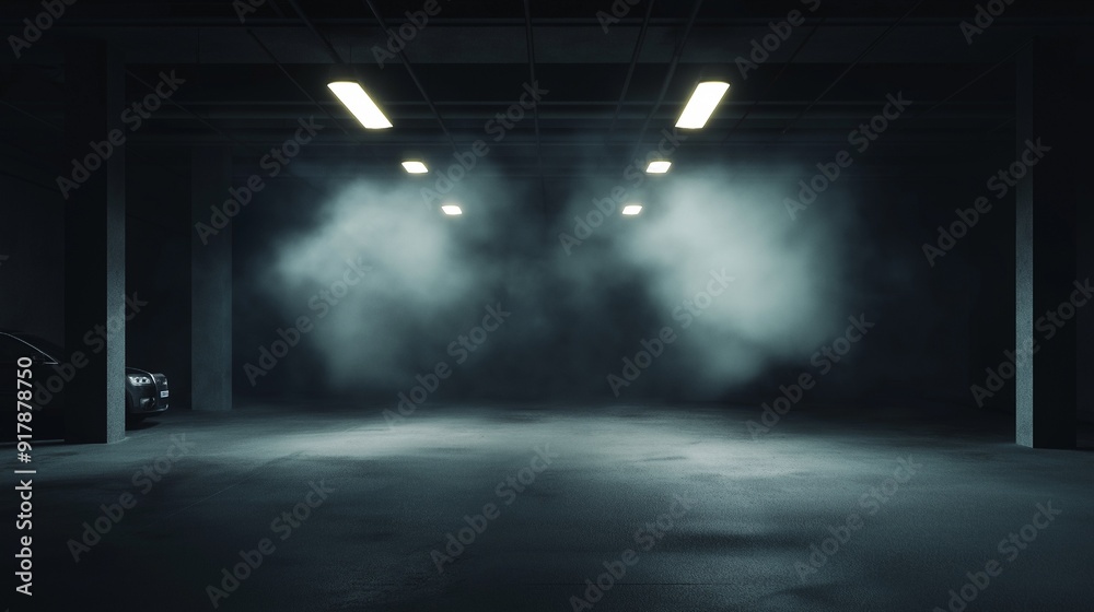 View from above of a concrete floor, dark, smoky garage interior with a spotlight, an empty stage, and a car background. 3D animation and modeling View from above of a concrete floor, dark, smoky garage interior with a spotlight, an empty stage, and a car background. 3D animation and modeling