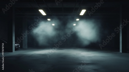 View from above of a concrete floor  dark  smoky garage interior with a spotlight  an empty stage  and a car background. 3D animation and modeling