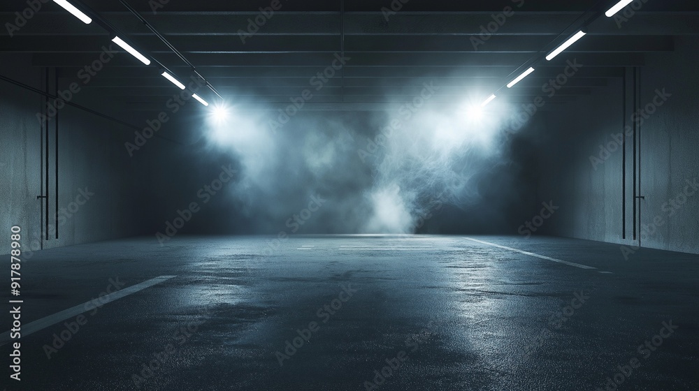 View from above of a concrete floor, dark, smoky garage interior with a spotlight, an empty stage, and a car background. 3D animation and modeling View from above of a concrete floor, dark, smoky garage interior with a spotlight, an empty stage, and a car background. 3D animation and modeling