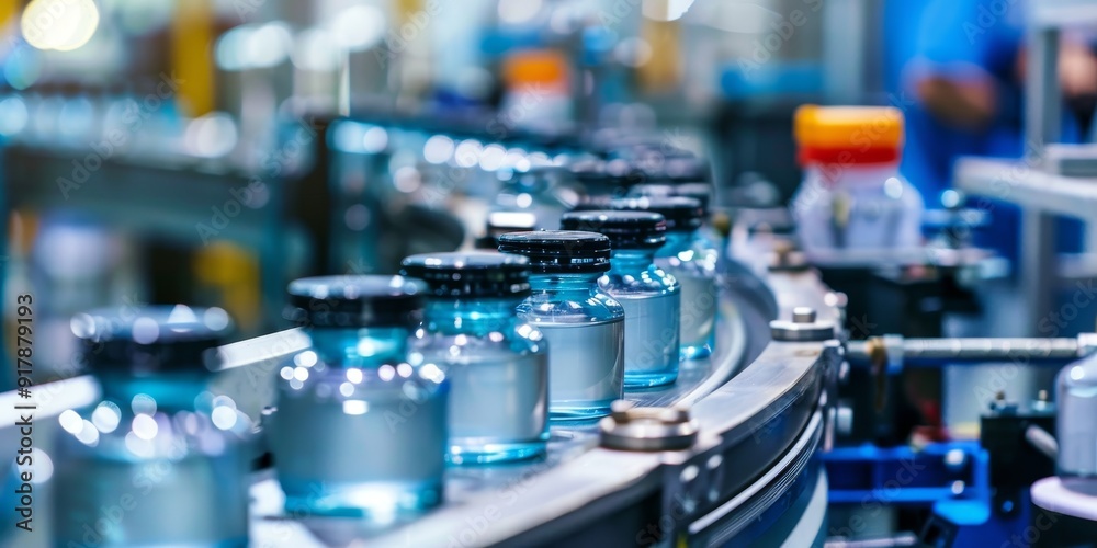 Close-up of a production line with products being processed and inspected, featuring advanced machinery and quality control measures for high-efficiency manufacturing Close-up of a production line with products being processed and inspected, featuring advanced machinery and quality control measures for high-efficiency manufacturing