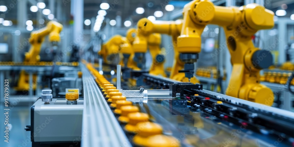 Detailed view of automated systems and workers processing products on a production line, featuring various stages from assembly to quality control and packaging Detailed view of automated systems and workers processing products on a production line, featuring various stages from assembly to quality control and packaging