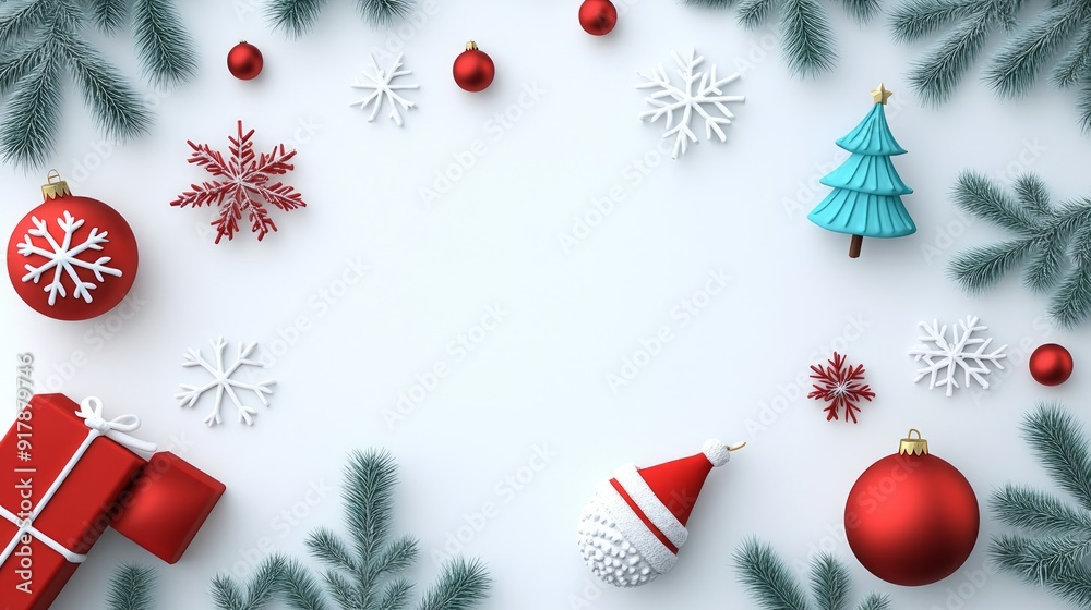 Simple christmas background featuring red and white ornaments, gift boxes, snowflakes, and fir branches on a white backdrop