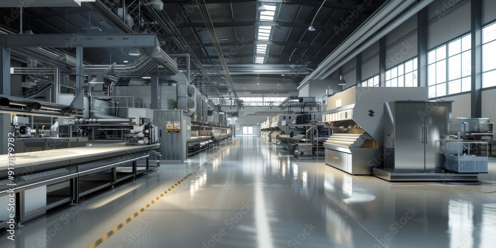 An industrial setting with machinery processing products in various stages, including assembly, packaging, and quality checks, demonstrating streamlined operations An industrial setting with machinery processing products in various stages, including assembly, packaging, and quality checks, demonstrating streamlined operations