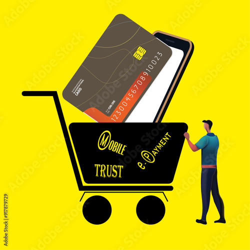 shopping online,  smartphone and credit or debit card in shopping cart, man touching the cart shopping online, pay safely in online store, on yellow background image copy space, horizontal image