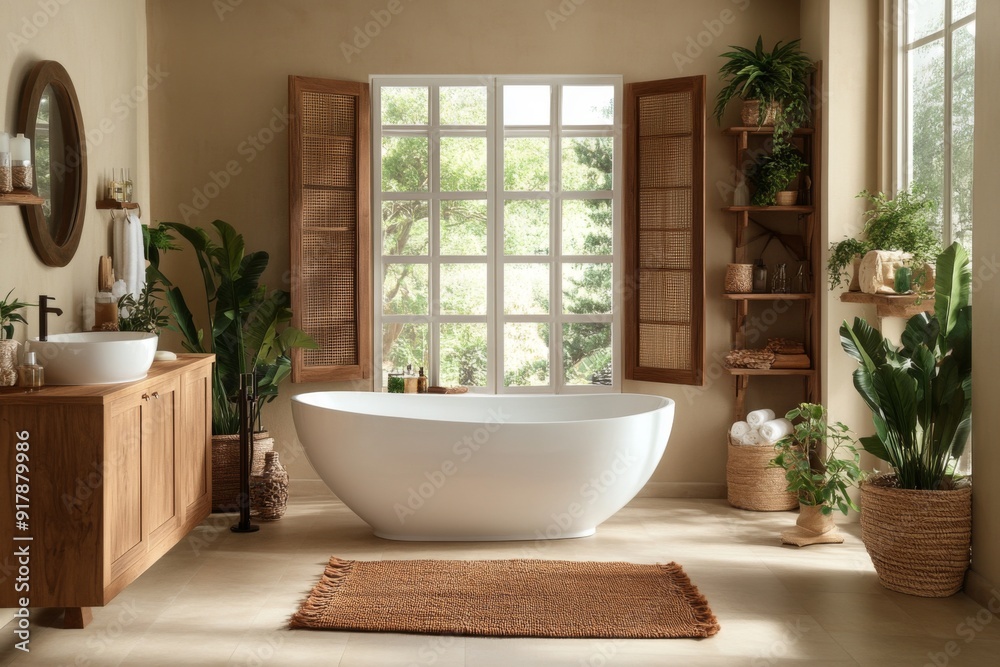 Aesthetic photo of spacious bathroom with an oval bathtub Aesthetic photo of spacious bathroom with an oval bathtub