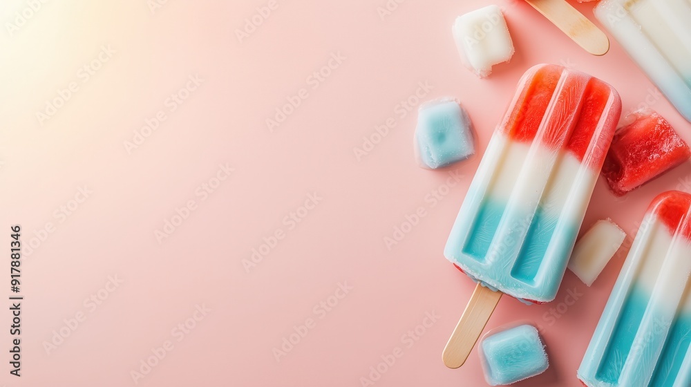 Colorful popsicles arranged artistically on a light pink background, perfect for summer treats or dessert inspiration.