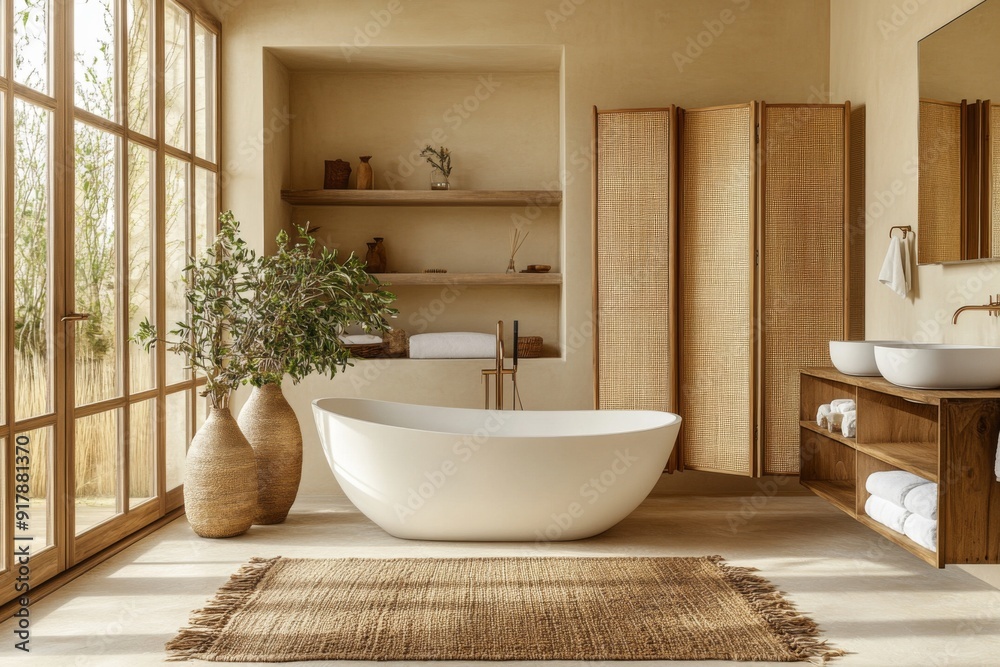 Fototapeta premium beige modern bathroom with an oval bathtub