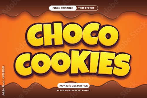 A Choco Cookies text effect design with editable text and fonts. The design features a 3D effect, a chocolate background, and a yellow and orange color scheme.