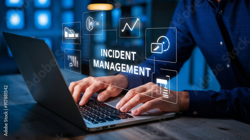 Incident Management in business tech involves swiftly diagnosing and resolving unexpected issues. A businessman uses a laptop with a virtual incident management icon.