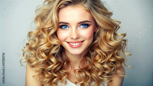 Beautiful young Caucasian female model with vibrant blonde curly hair, bright blue eyes, and a warm smile, posing against a soft white background.
