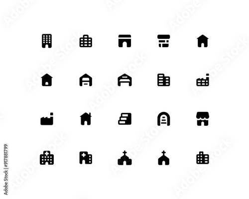 Building icon set in outline style. Hotel, office, garage, factory, church illustration. Simple architecture vector pack – pixel-perfect icons.