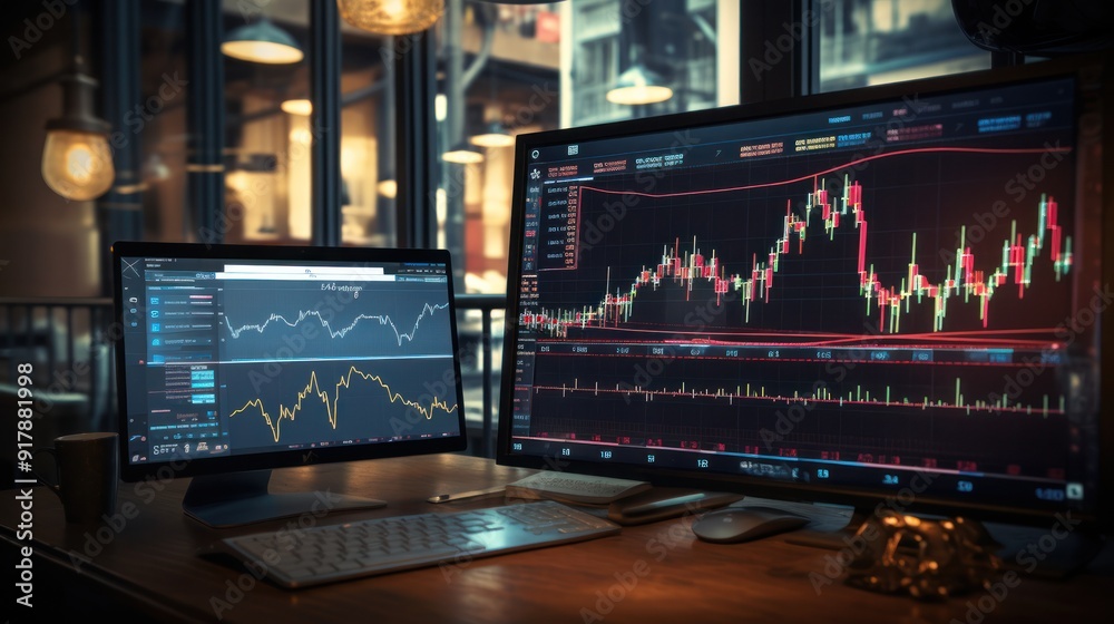 A digital graph of stock market fluctuations projected on a large screen in a dark room, A digital graph of stock market fluctuations projected on a large screen in a dark room,