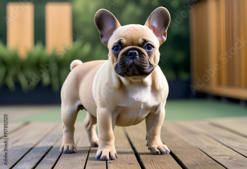 A Light Puppy Brown French Bulldog Enjoying the Outdoors on a Wooden Deck