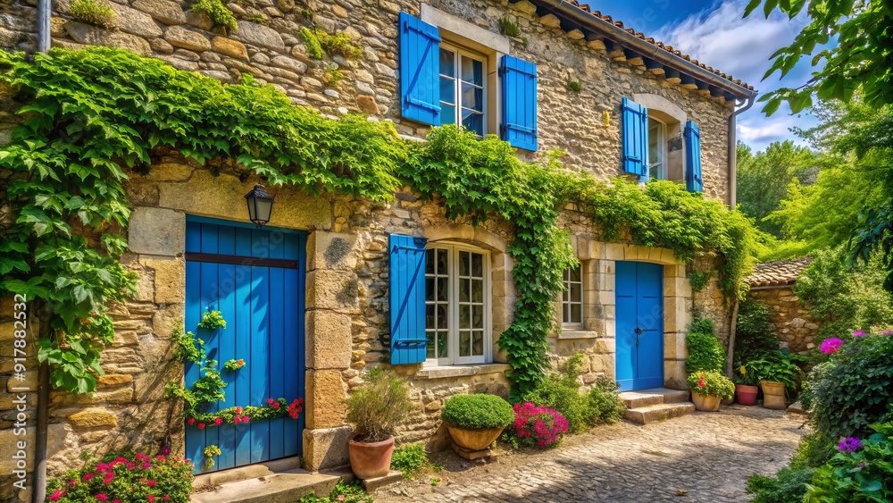 Obraz premium Charming stone cottage with rusticated stonework, climbing vines, and a bright blue shutters, nestled amidst lush greenery in the French countryside.