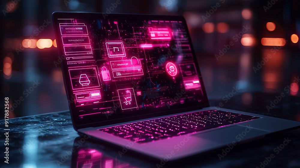 Neon-themed e-commerce concept displayed on a laptop screen, ideal for digital sales and technology-focused promotions. Neon-themed e-commerce concept displayed on a laptop screen, ideal for digital sales and technology-focused promotions.
