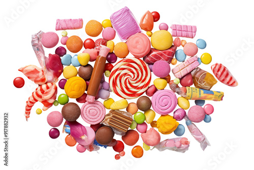 Candies top view on transparent background. Themes related to candies. World of candies. Candy store. Buy and sell candies. Images for graphic designers. Candies isolated. PNG cutout. photo