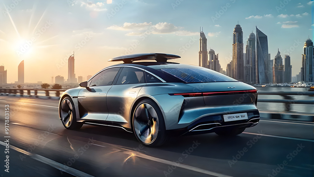 An electric car is running with solar power, green energy An electric car is running with solar power, green energy