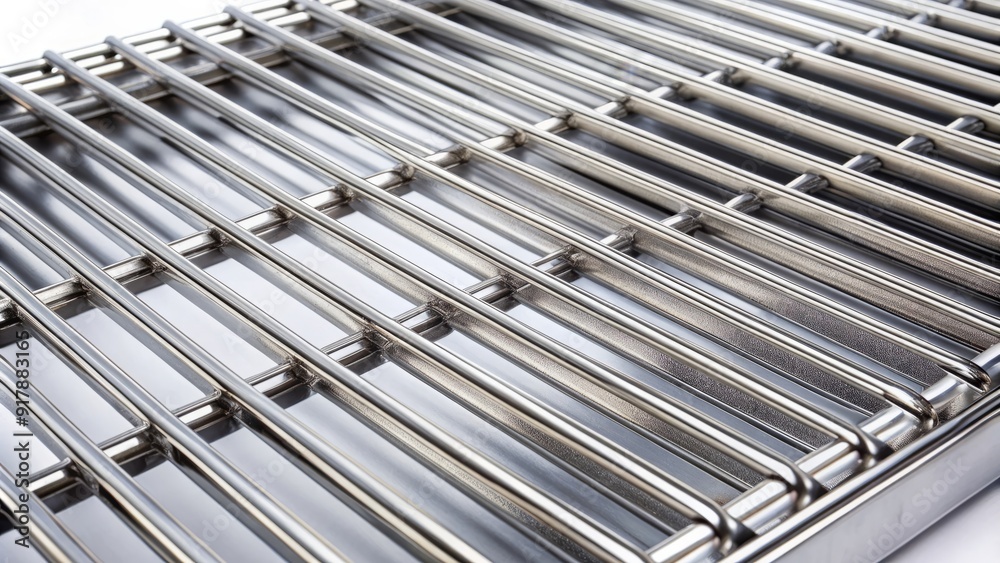 Close-up of a clean, silver metal grill grate isolated on a white background, with intricate textures and patterns, ready for cooking or outdoor BBQ preparation. Close-up of a clean, silver metal grill grate isolated on a white background, with intricate textures and patterns, ready for cooking or outdoor BBQ preparation.