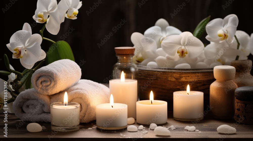 A tranquil spa scene with massage stones, skin care products A tranquil spa scene with massage stones, skin care products