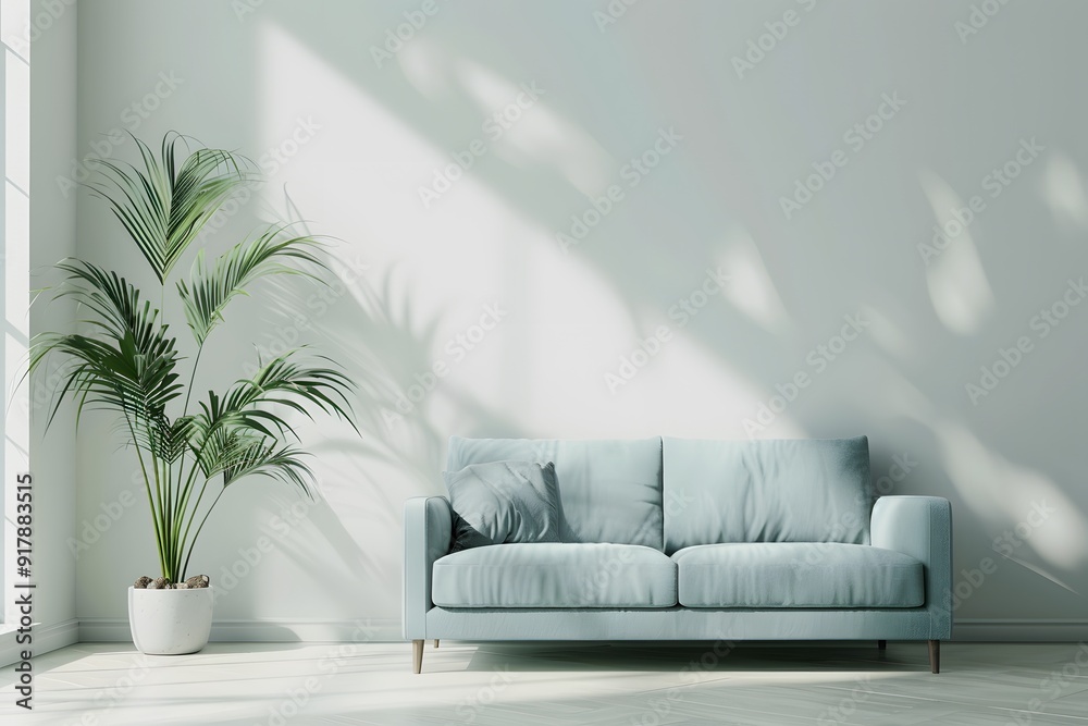 Modern light blue sofa with plants on white wall background Modern light blue sofa with plants on white wall background