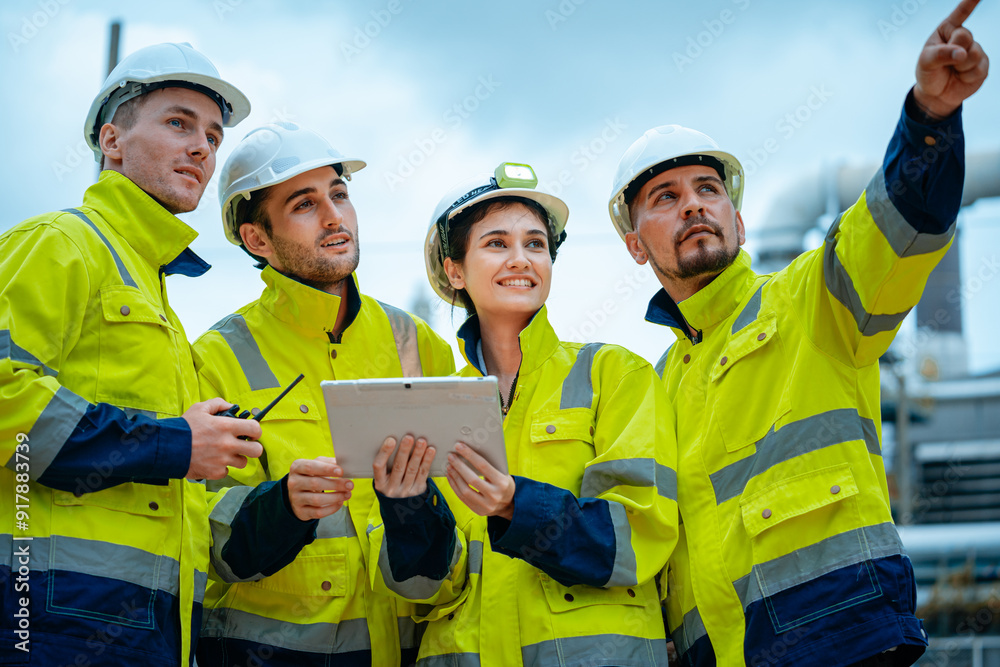 Group of workers teamwork Industry in oil refinery equipment Check and check the condition of the machinery system , Energy Engineering concept. Group of workers teamwork Industry in oil refinery equipment Check and check the condition of the machinery system , Energy Engineering concept.