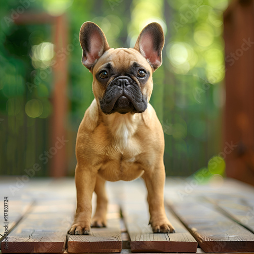 A light puppy brown French bulldog standing on a wooden deck with a blurred green background