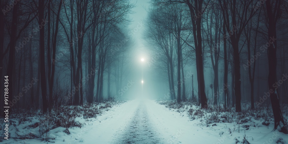 Obraz premium Captivating Anime-Style Winter Wonderland: Ethereal Snowy Landscape with Magical Atmosphere and Serene Beauty. Vibrant Blue Sky and Exquisite Digital Art for Book Illustrations and Creative Marketing 