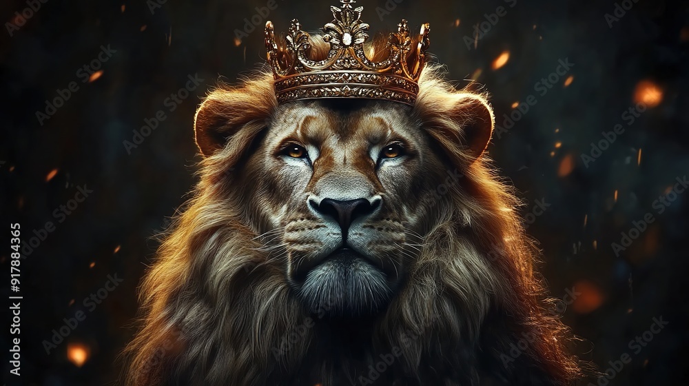 Naklejka premium A majestic lion with crown on head, symbolizing strength and ruler of the jungle, king concept art 